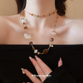 Brown Mixed Bead Long Necklace Crackled Oval Crystal Stations view 3