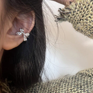 Silver Tone Crystal Bow Ear Cuff with Wing Shape Fashion Jewelry