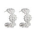 Silver Daisy Flower C Shape Hoop Earrings Pair Set view 5