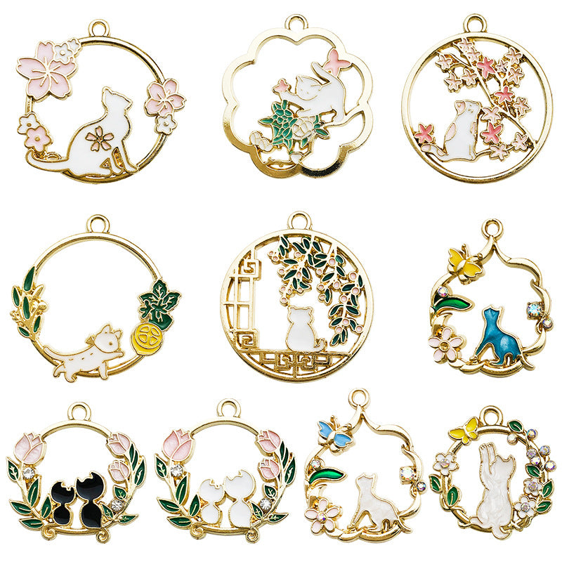 Enamel Zinc Alloy Chinese Style Hollow Cat Charm Pendant for DIY Earrings Tassel Jewelry