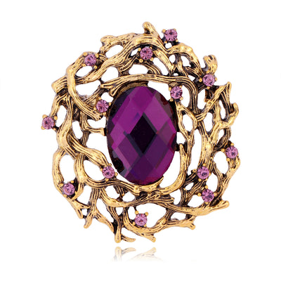 Front product view of the flower brooch pin in gold and purple
