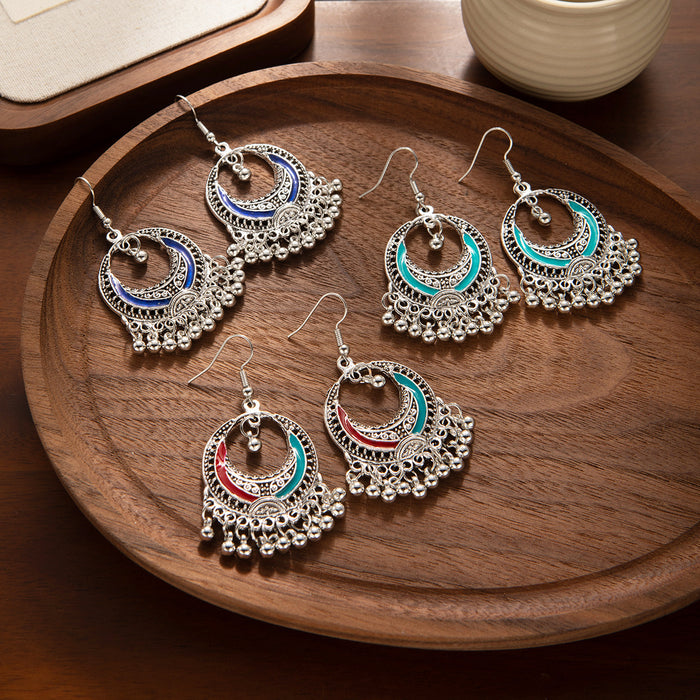 Antique Silver Tone Crescent Bead Fringe Hook Earrings