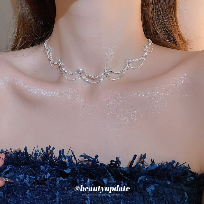 Silver Tone Butterfly and Heart Link Collar Necklace