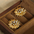 Gold Leaf Sunburst Stud Earrings Clear Crystal Center view 3