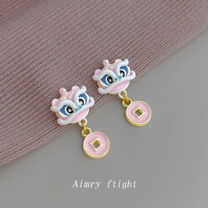 Pink Enamel Chinese Lion Dance Head Coin Drop Earrings