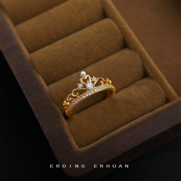 Gold Tone Polished Crown Clear Stone Open Ring For Women