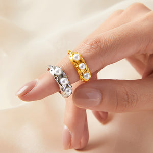 Open Adjustable Ring Three Imitation Pearls Gold Steel