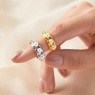 Open Adjustable Ring Three Imitation Pearls Gold Steel