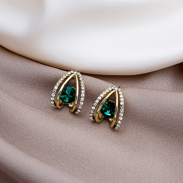 Green Teardrop and Clear Look Border Stud Earrings