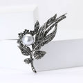 Gunmetal Black Rhinestone Leaf Spray Pearl Brooch Pin view 2