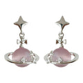Silver Star Pink Cats Eye Planet Drop Earrings Bow Accents view 5