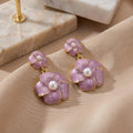 Pink Purple Double Flower Pearl Look Dangle Stud Earrings view 3