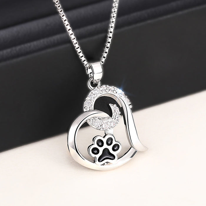 Silver Heart Paw Print Pendant Necklace Clear Stone Trim
