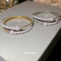 Double Row Pearl and Rhinestone Open Cuff Bangle Bracelet view 2