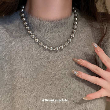 Gray Pearl Beaded Collar Necklace Silver Tone Spacer Accents