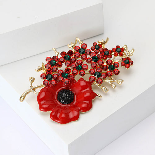 Poppy brooch close-up showing black crystal center