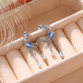 Silver Tone Crescent Moon Blue Cabochon Dual Chain Earrings view 3