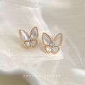 Gold Tone White Pearlescent Butterfly Wing Clear Stone Stud Earrings view 4