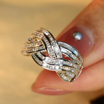 Interwoven Baguette Clear Stone Multi-Rail Wide Ring In Silver Tone