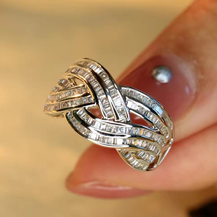 Interwoven Baguette Clear Stone Multi-Rail Wide Ring In Silver Tone