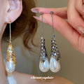 White Teardrop Gold Tone Chain Tassel Stud Earrings view 2