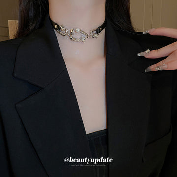 Black Leather Choker Silver Abstract Links Pearl Crystal