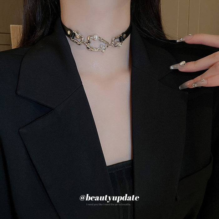 Black Leather Choker Silver Abstract Links Pearl Crystal