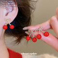 Silver Tone Double Cherry Bow Stud Earrings With Red Drops view 2