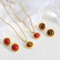 Gold Steel Round Rope Frame Red Turquoise Tiger Eye Necklace Studs view 2