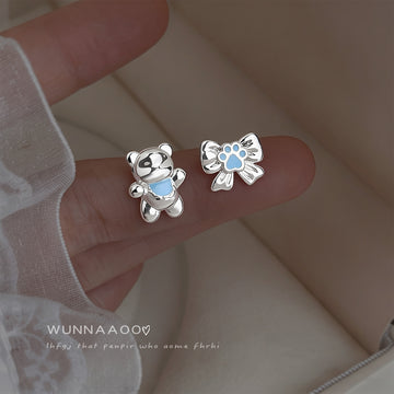 Silver Tone Blue Bear And Paw Butterfly Asymmetric Stud Earrings