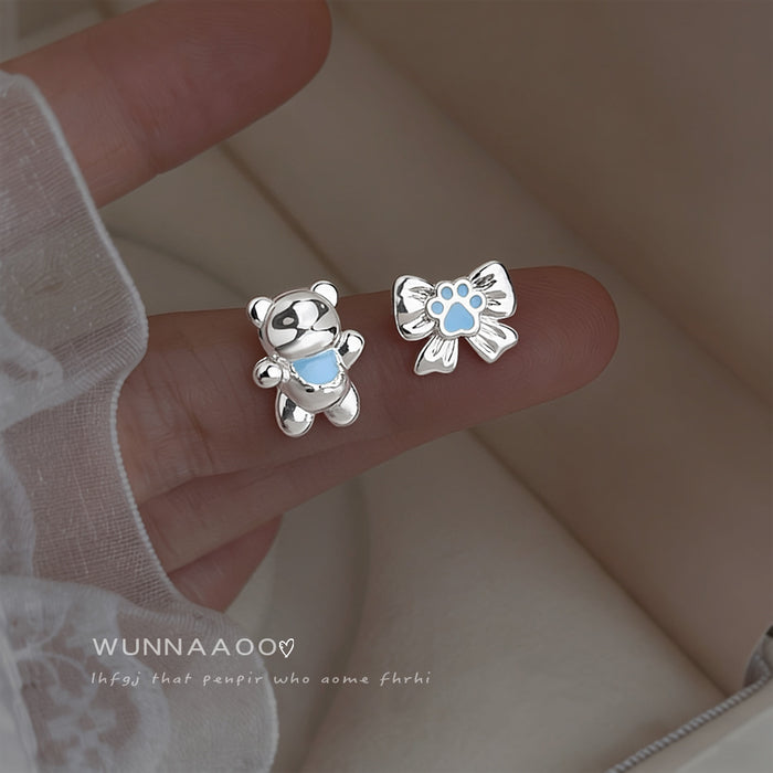 Silver Tone Blue Bear And Paw Butterfly Asymmetric Stud Earrings