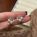 Silver Tone Crystal and Pearl Cluster Flower Stud Earrings view 1