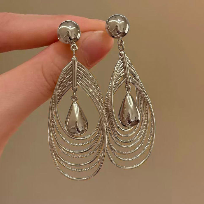 Silver Tone Layered Open Teardrop Stud Earrings Jewelry Accessory
