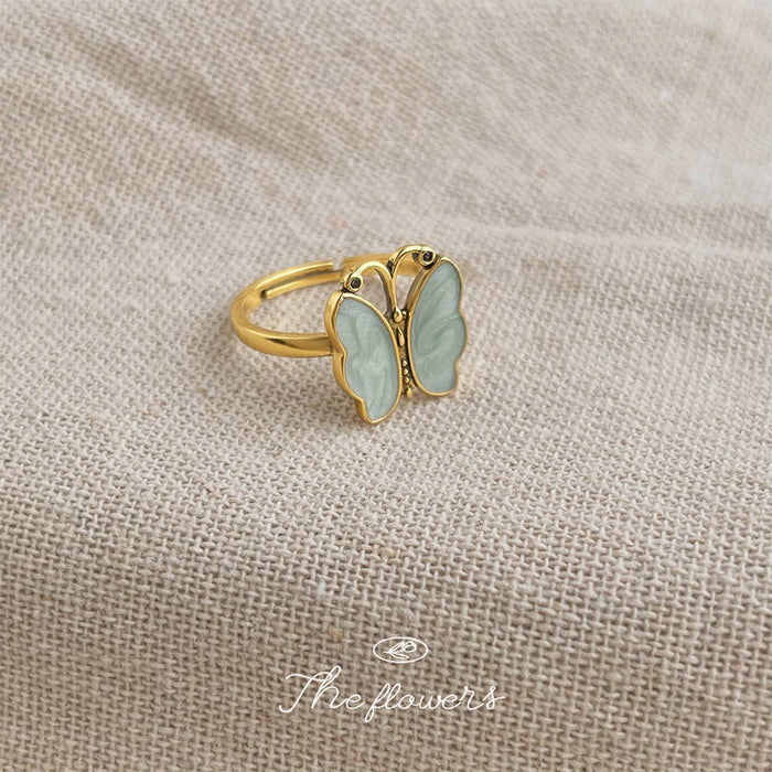 Gold Open Butterfly Ring Mint Enamel Wings Adjustable