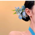 Blue Fabric Butterfly Floral Spray Hair Clip Green Foliage view 4