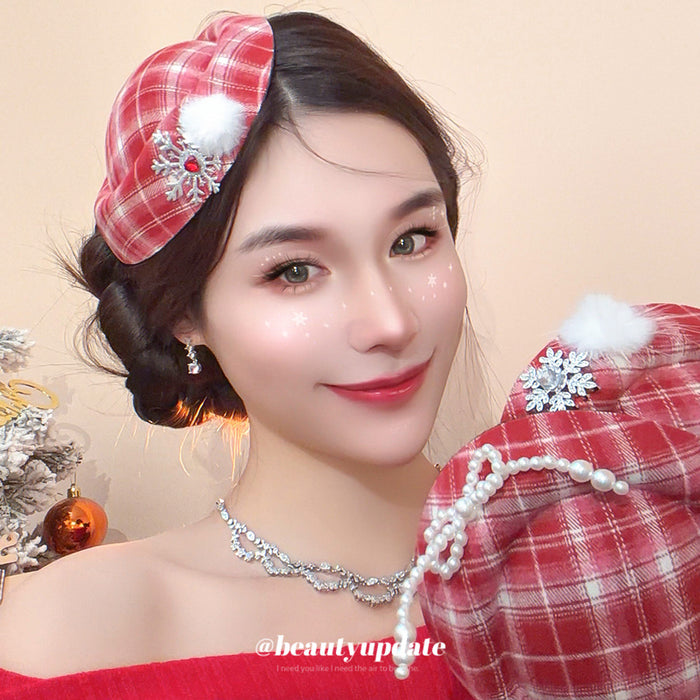 Red Plaid Mini Hat Hair Clips With Snowflake And Pom Pom