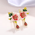 Gold Tone Red Floral Enamel Leaf Drop Earrings Polished Metal Jewelry view 2