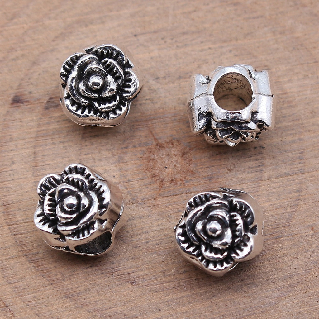 10x9x9mm 1.9g Antique Silver Zinc Alloy Flower Large Hole Loose Metal Beads for Bracelet Jewelry Making