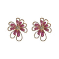 Pink Crystal Open Flower Statement Earrings With Polished Metal Tone Details view 5