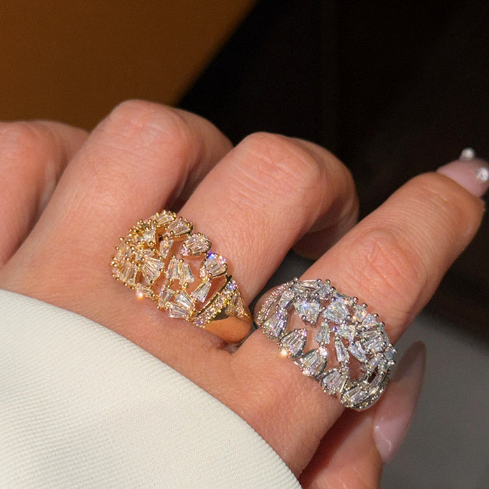 Open Geometric Baguette Crystal Cluster Rings Gold Silver Two Styles
