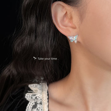 Silver-Tone Blue Purple Enamel Butterfly CZ Stud Earrings