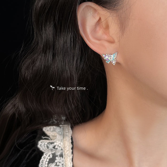 Silver-Tone Blue Purple Enamel Butterfly CZ Stud Earrings