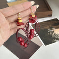 Burgundy Wire Loop and Red Bead Long Dangle Earrings view 2