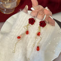 Red Velvet Look Rose and Teardrop Vine Dangle Earrings view 3
