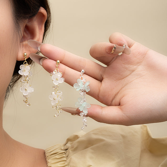 Green and White Translucent Flower Vine Stud Earrings