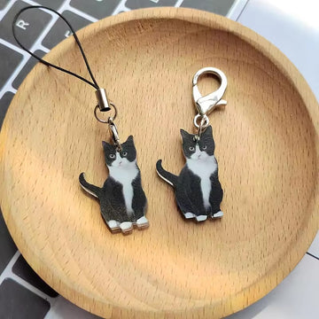 Acrylic Black White Cat Keychain Phone Charm 2 Attachments
