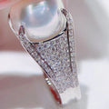 Pearl-Like Cabochon Angular Pave Ring In Polished Silver Tone view 3