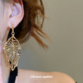 Gold Tone Openwork Leaf Butterfly Drop Stud Earrings view 3