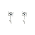 Silver Cat Face Stud Earrings Rear Curved Tail Hooks view 5