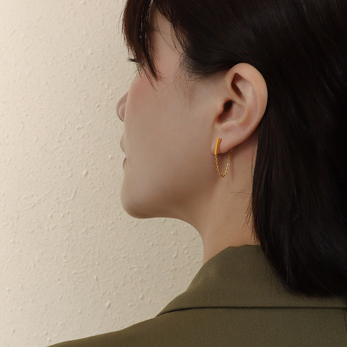 Minimal Bar Stud Earrings With Connecting Chain Tassel Pair